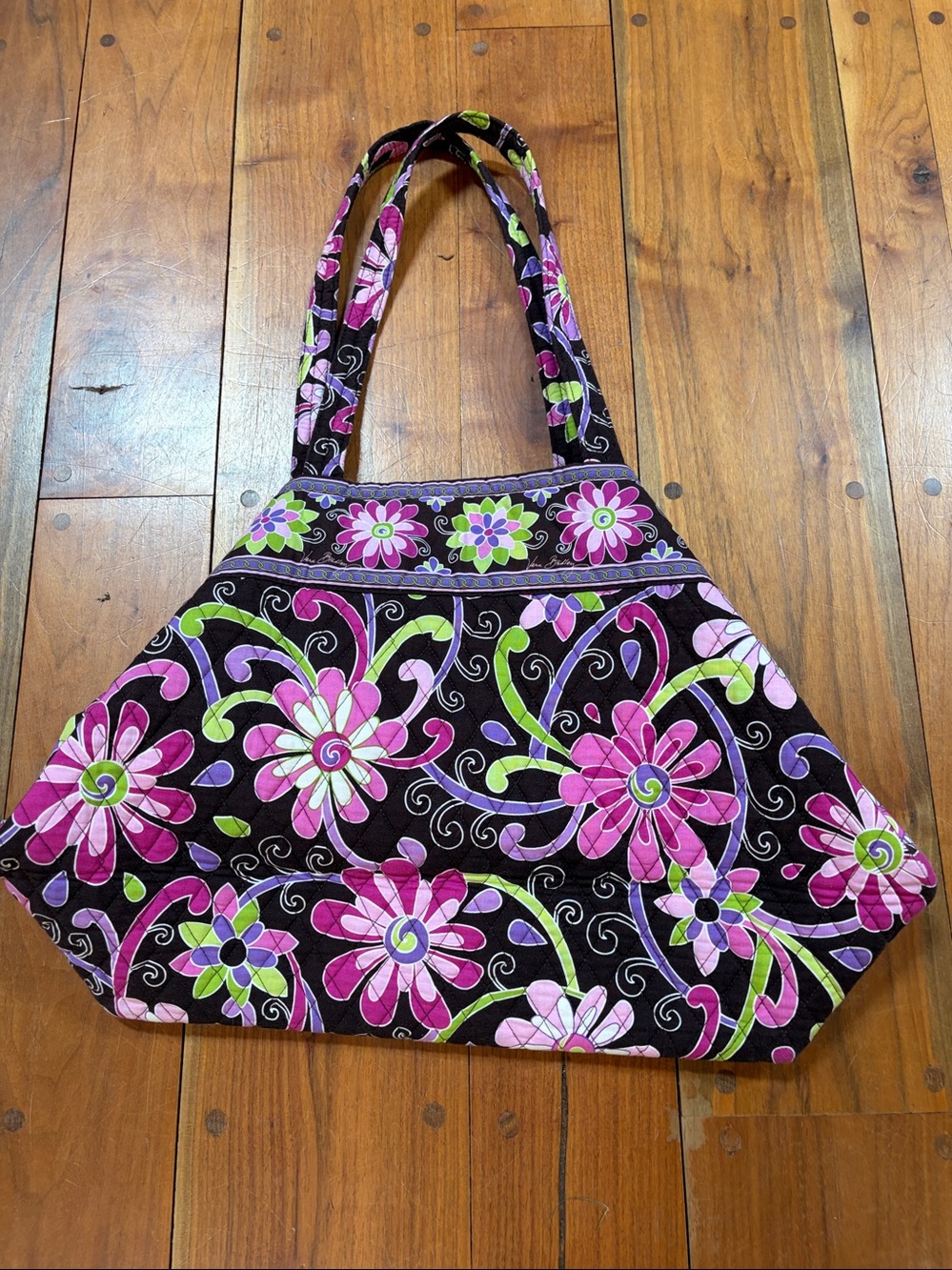 Vera Bradley Black Quilted Tote with Pink & Green Floral Pattern - Picture 13 of 13